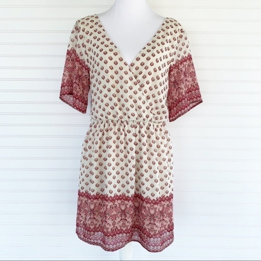 Charlotte Russe Faux Wrap Dress Size Medium Burgundy Medallion Boho Mini Cream